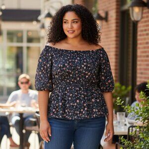 Lane Bryant Floral Fancy Off-Shoulder Top, Navy Blue, Size 1X